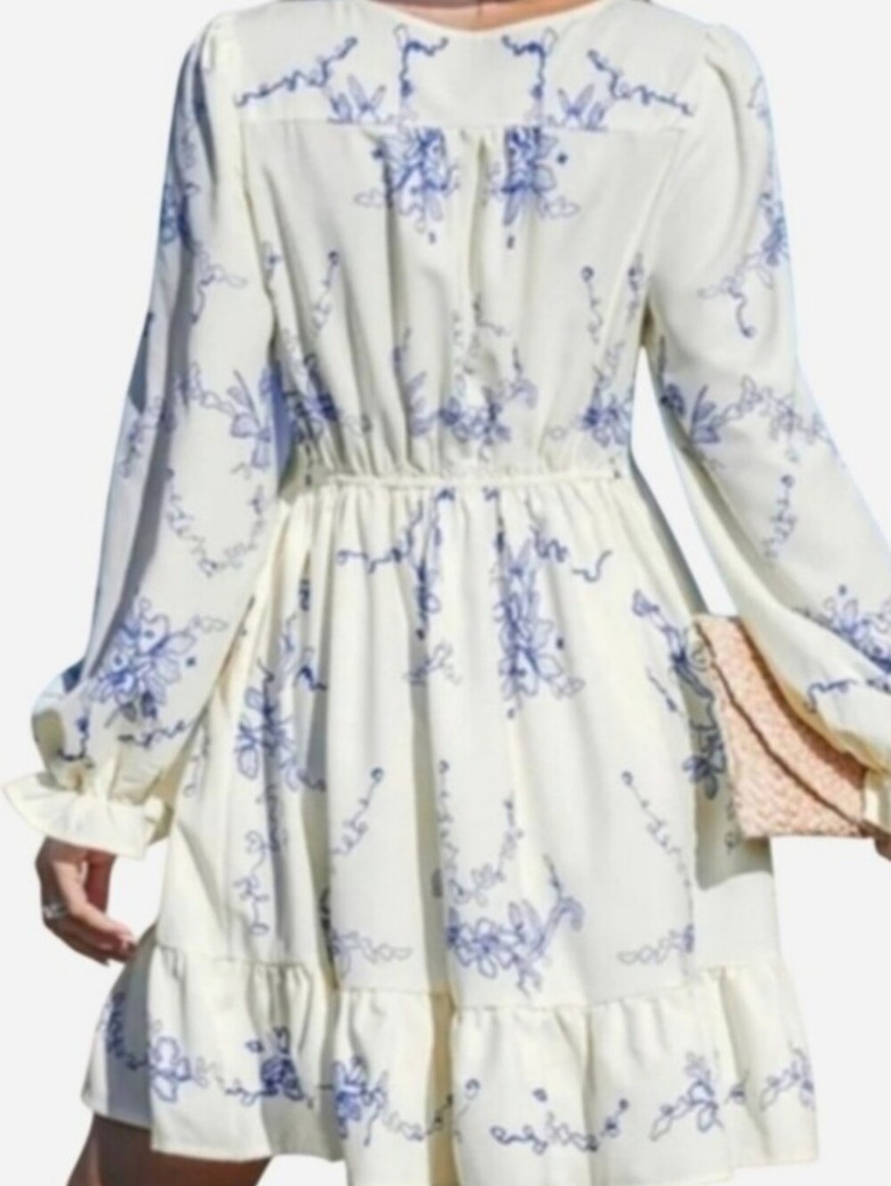 LIKE-NEW Scalloped Trim, Boho Orchids Ruffuled Mini Dress, Blue & Cream, Summer - Picture 10 of 11
